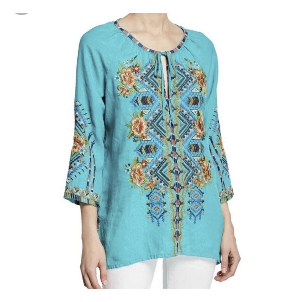 Johnny Was Sentrie Peasant Blouse Top Women's Large Blue Turquoise Bohemian
